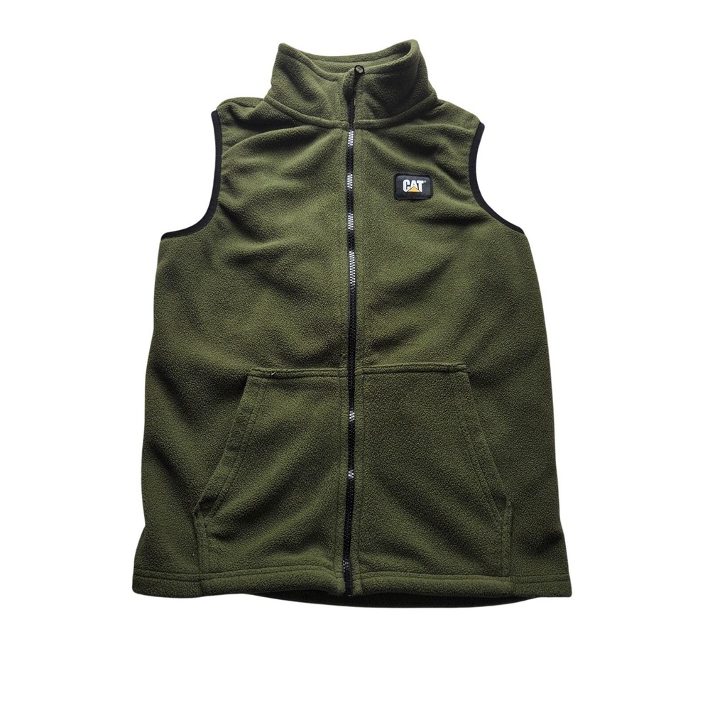 CAT Caterpillar Vest Youth Medium 10/12 Green Fleece Full Zip Workwear Outdoor